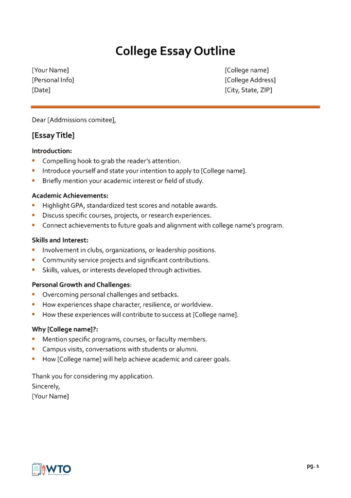 College Essay Outline template with bullet-point sections and placeholders
