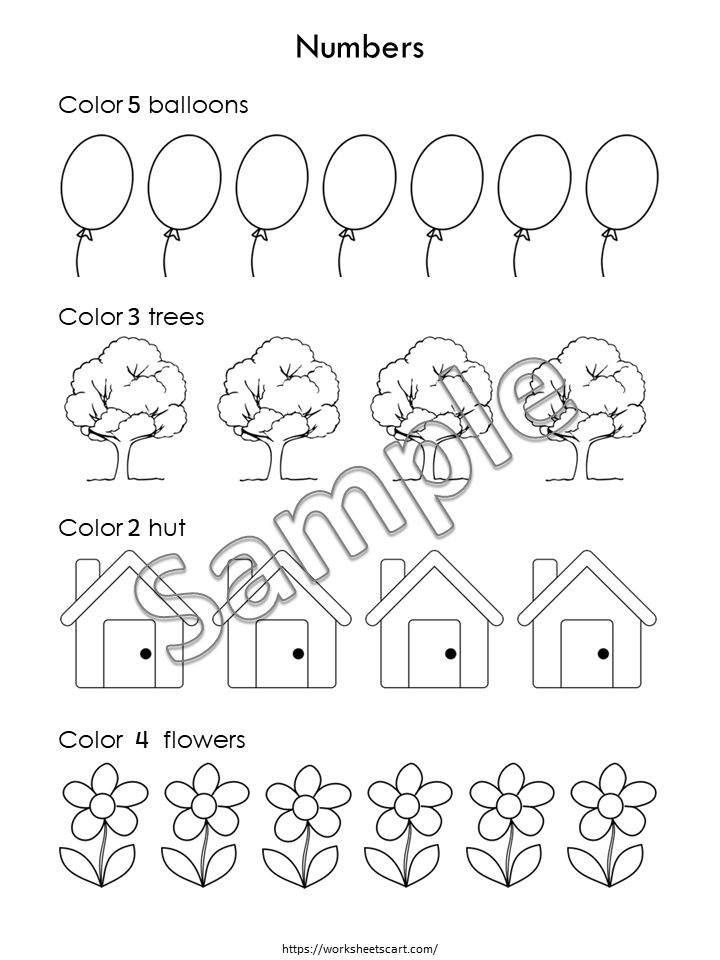 Children’s numbers worksheet with balloons, trees, huts, flowers