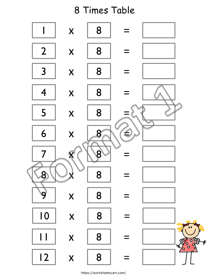 8 times table worksheet with numbered boxes and blank answers