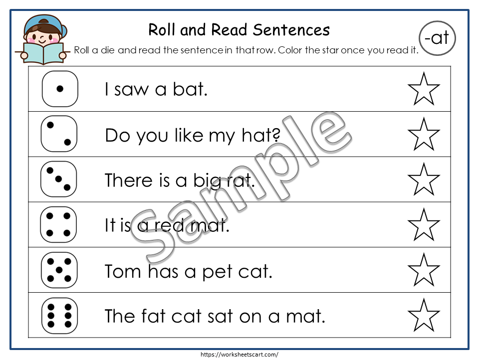 Phonics worksheet with sentences, dice, and stars