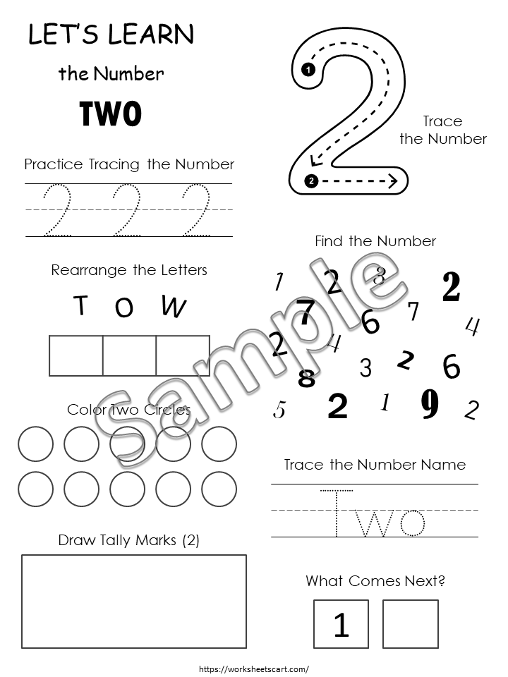 Number two tracing worksheet with sample numbers and circles