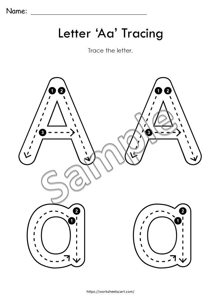 Alphabet tracing worksheet showing large A and a letters