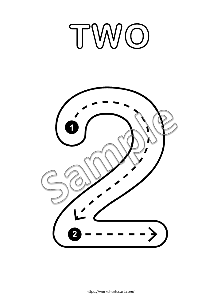 Traceable number two worksheet with arrows and sample watermark