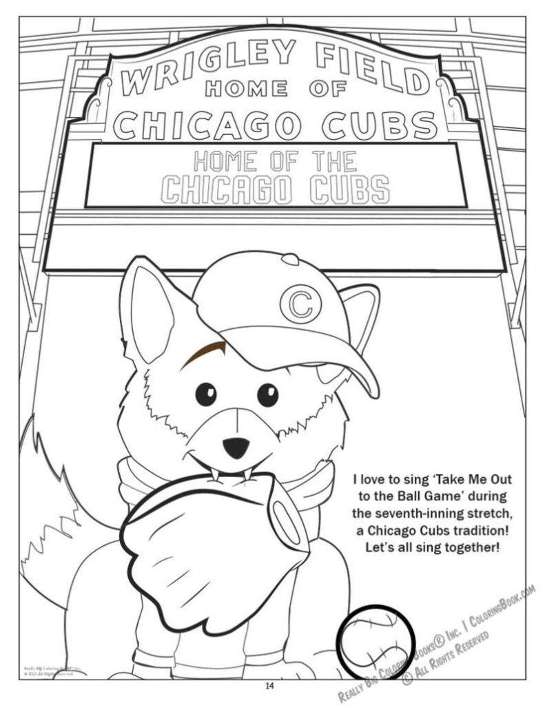 Wrigley Field sign with Cubs mascot coloring page