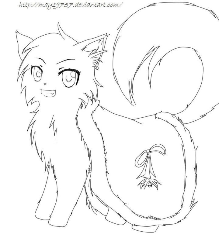 Line drawing of a fluffy cartoon cat with curled tail
