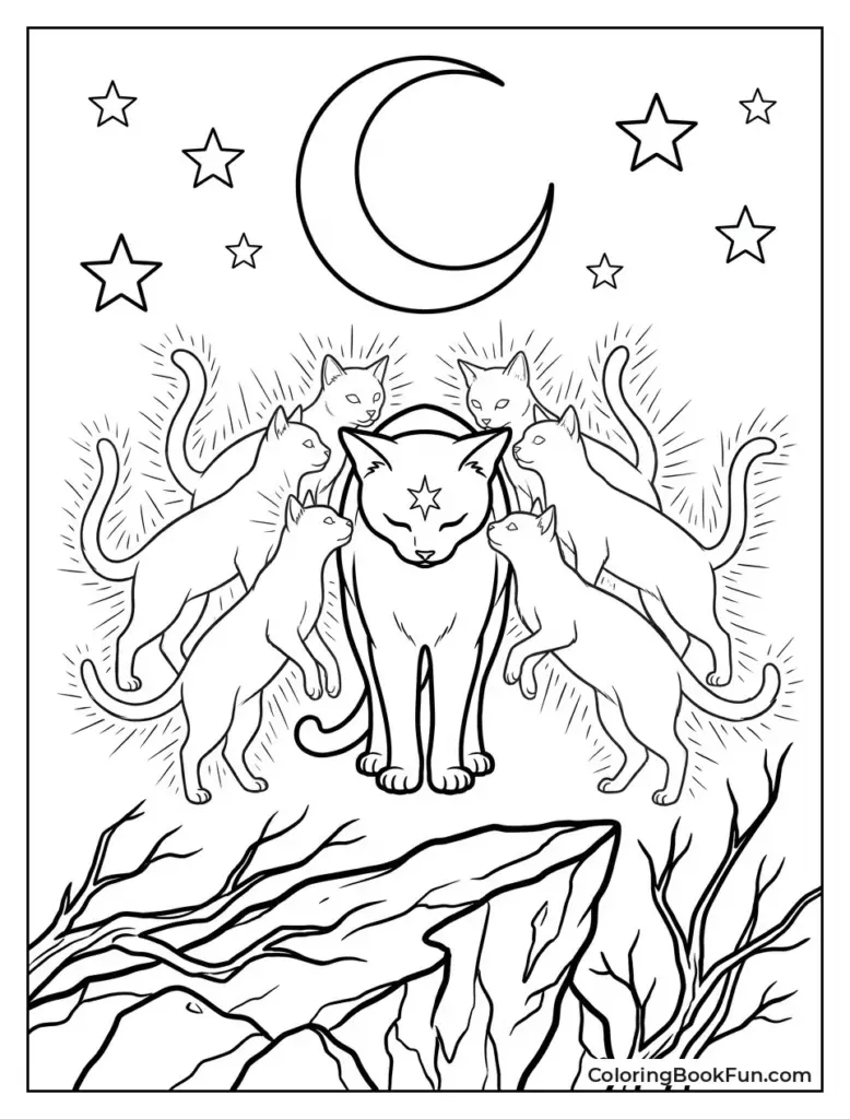 Moon and stars above cats on a cliff, coloring page