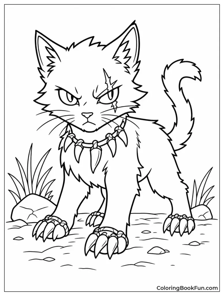 Angry cat standing on rocky ground, coloring page