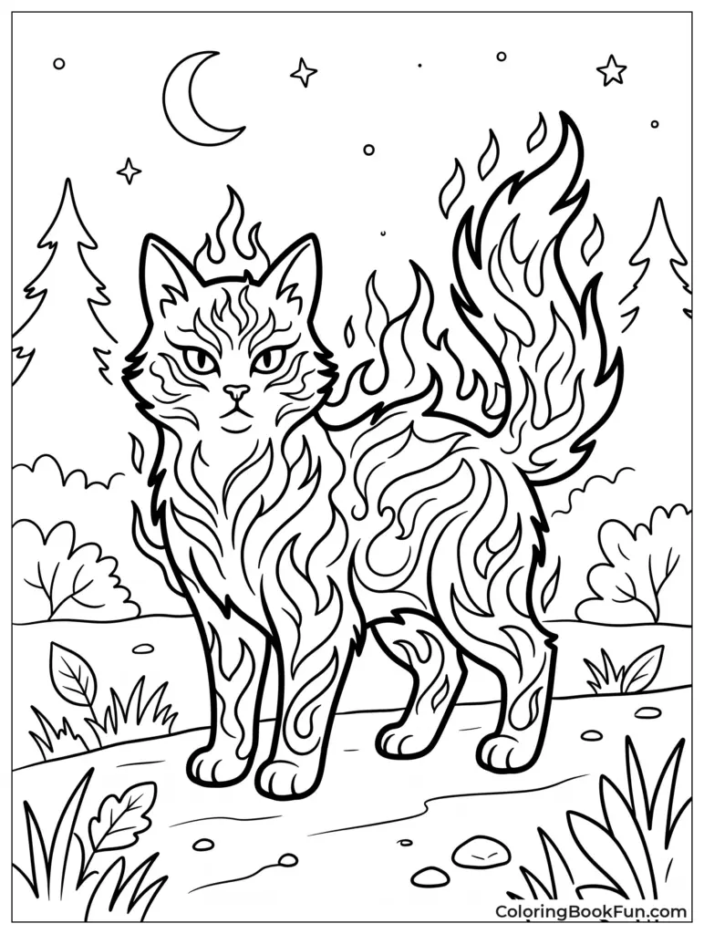 Flaming cat standing in a forest coloring page