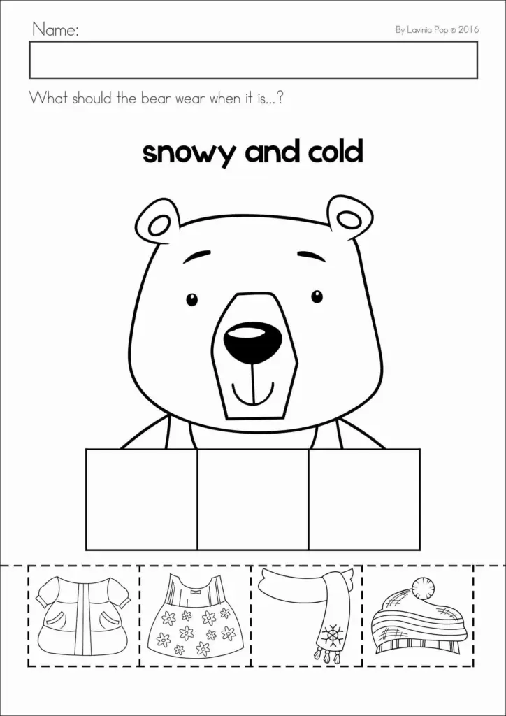 Printable bear clothing worksheet for snowy and cold weather