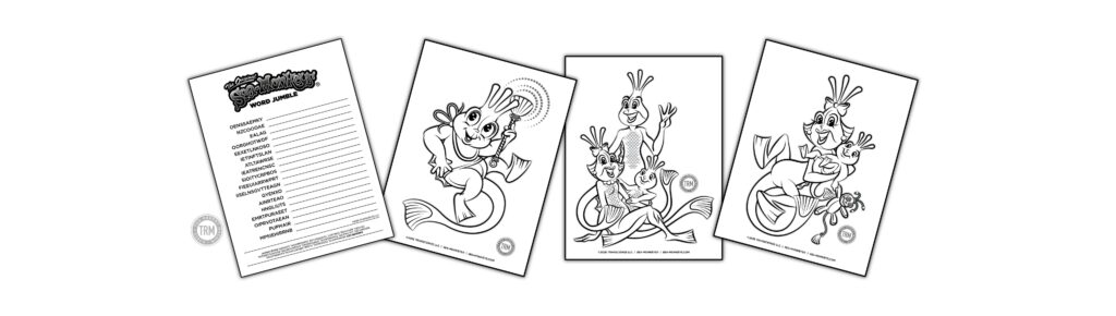 Four Sea-Monkeys coloring and word jumble pages