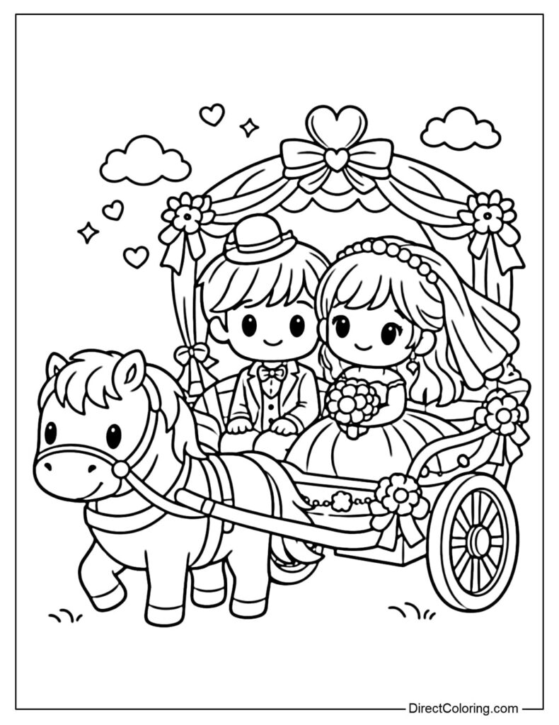 Cartoon bride and groom riding horse carriage