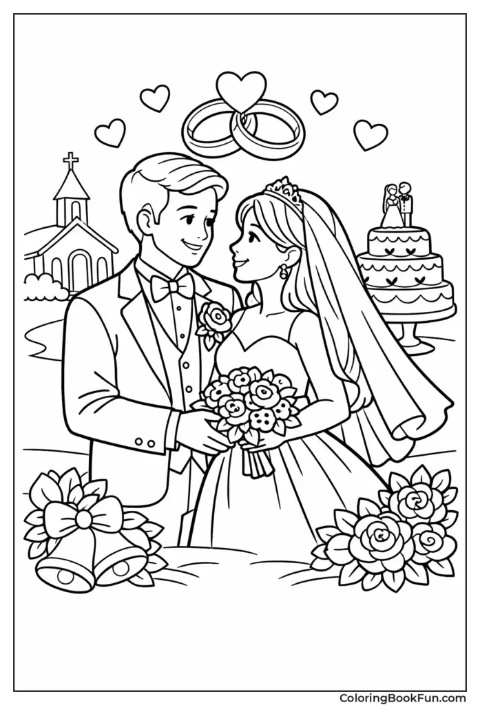 Wedding couple with rings, church, cake, and flowers