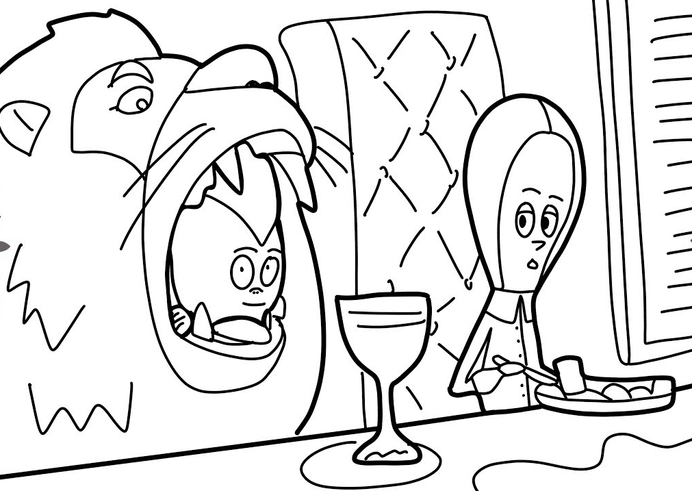 Cartoon monster costume beside child at table toasting eggs