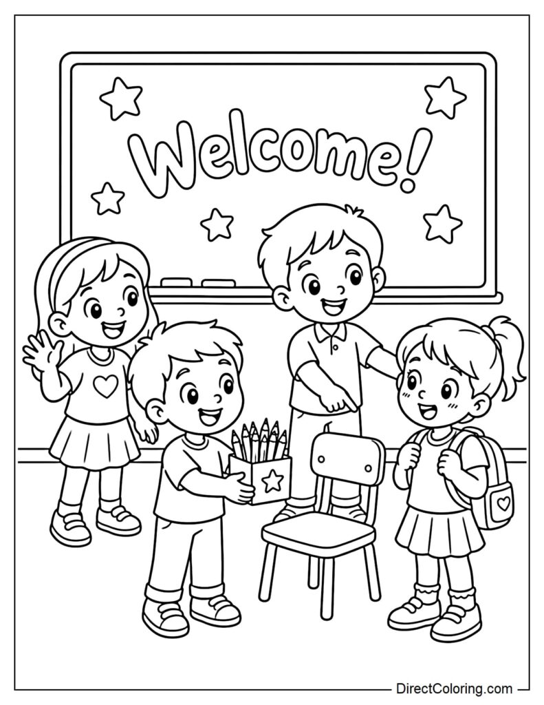 Cartoon children in classroom with welcome sign