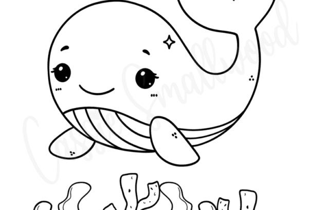 Cute cartoon whale above seaweed and coral drawing