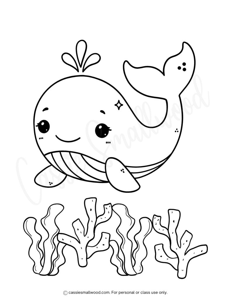 Cute cartoon whale above seaweed and coral drawing