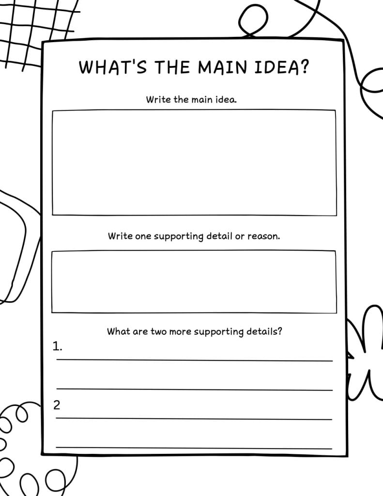 Main idea worksheet with blank writing boxes and lines