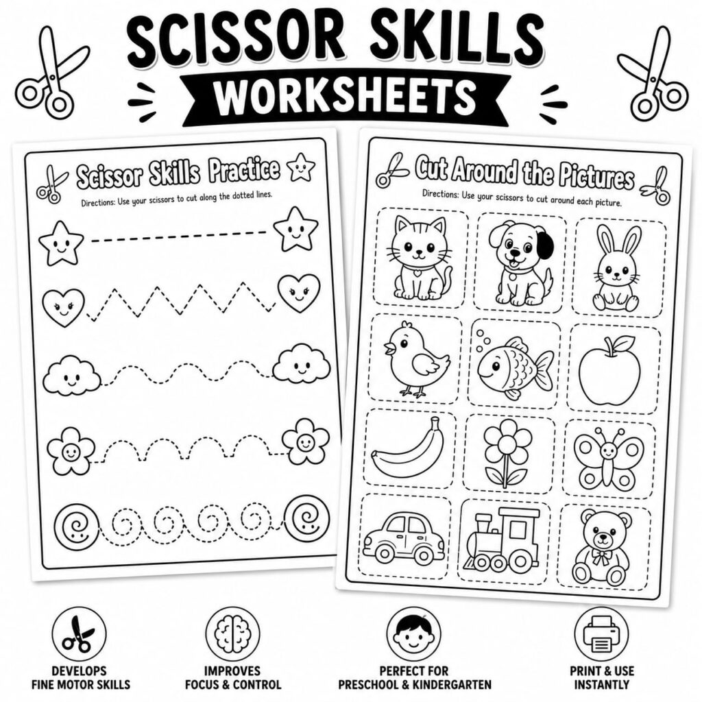 Scissor skills worksheet pages with tracing and cutouts