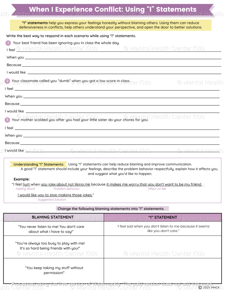 Conflict resolution worksheet with fill-in lines and examples