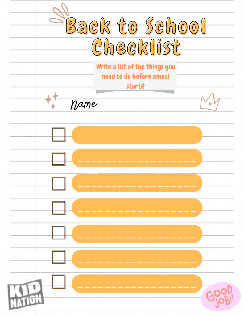 Back to School Checklist worksheet with blank lines and checkboxes