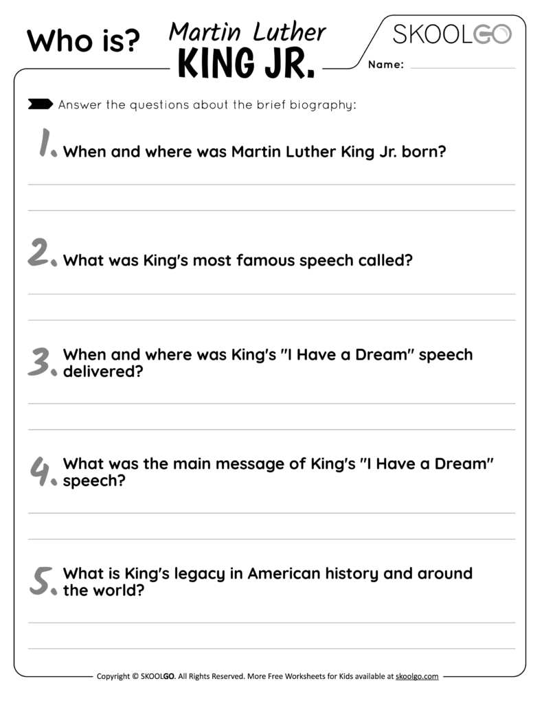 Martin Luther King Jr. biography worksheet with five questions