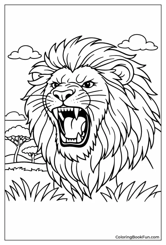 Roaring lion coloring page with clouds and grass