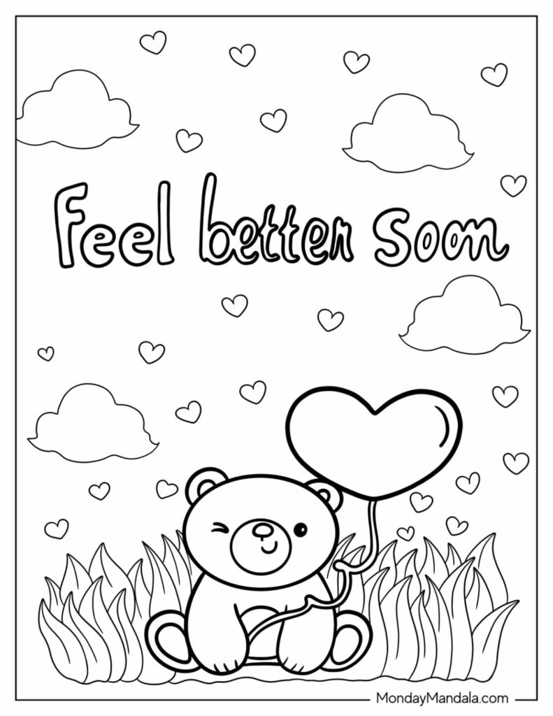 Teddy bear holding heart balloon, with clouds and hearts
