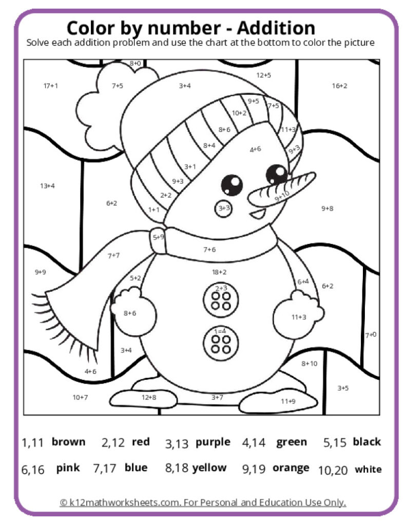 Color-by-number snowman worksheet with addition problems