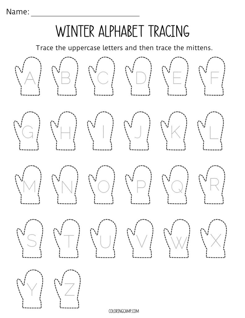 Winter alphabet tracing worksheet with mittens and letters A-Z