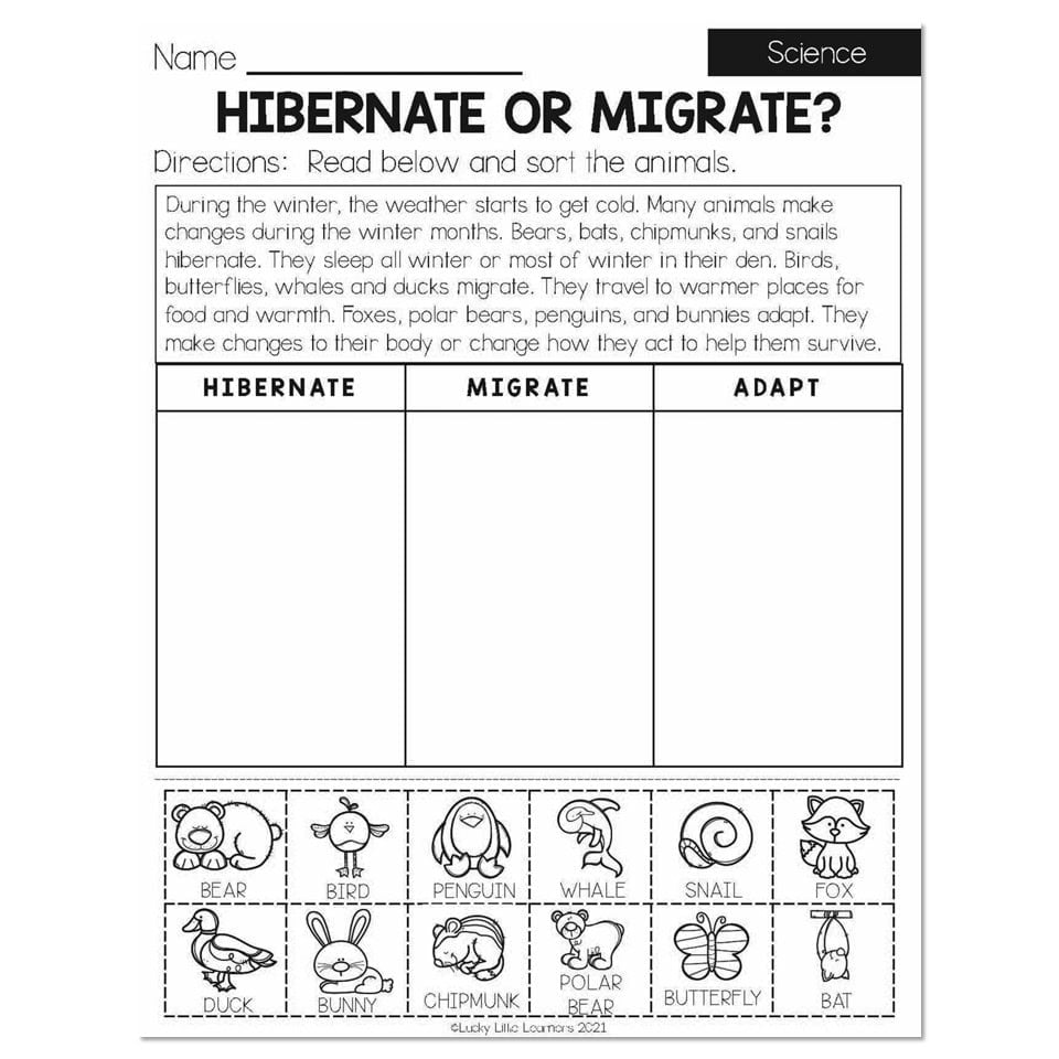 Winter science worksheet with animal sorting columns, black-and-white