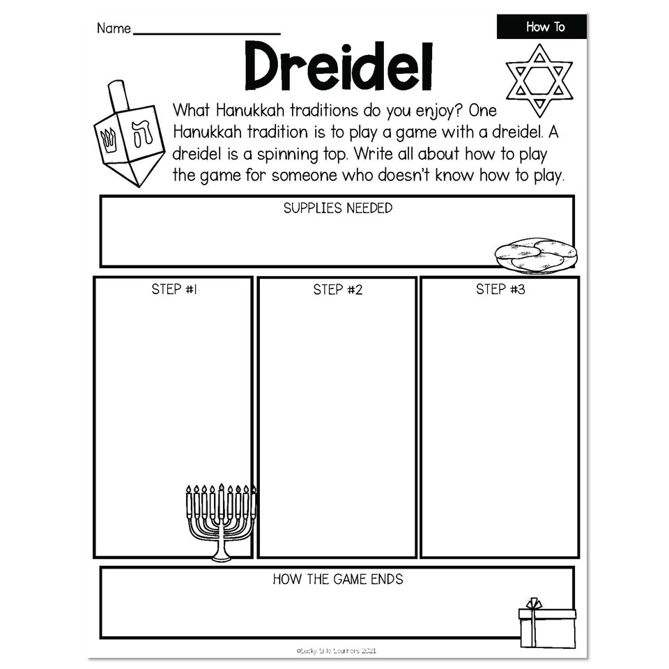 Hanukkah dreidel worksheet with blank boxes and icons