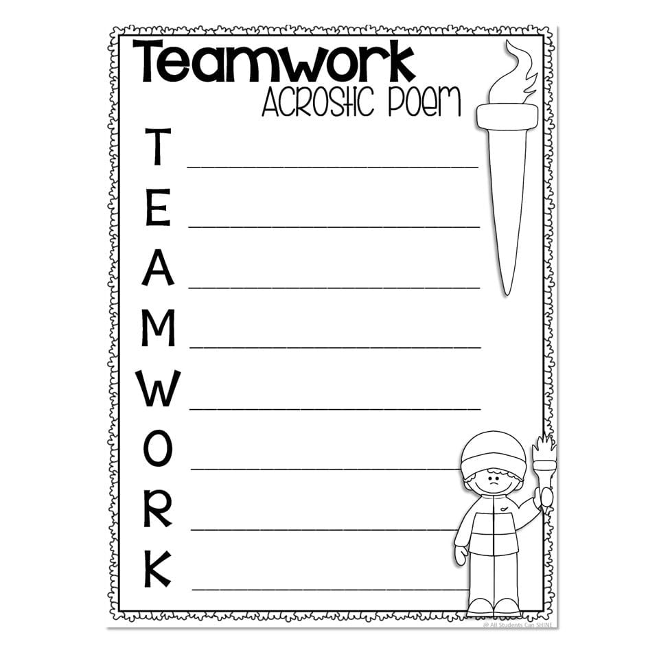 Teamwork acrostic poem worksheet with torch and child