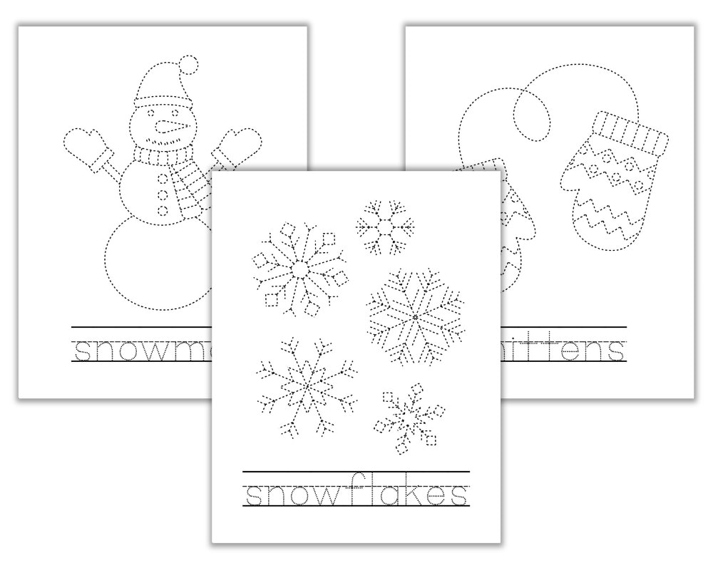 Three winter tracing worksheets with snowman and mittens