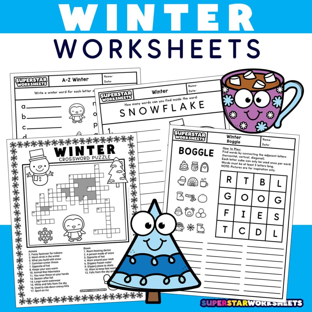 Winter worksheets collage with cartoon mug and snowman