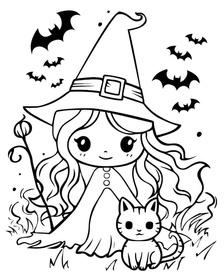 Cute witch girl with cat and bats