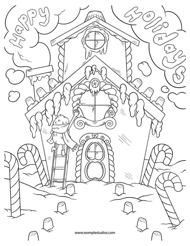 Gingerbread house coloring page with candy canes and clouds