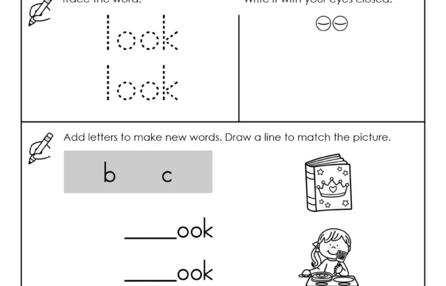 Sight word worksheet with “look” exercises and pictures