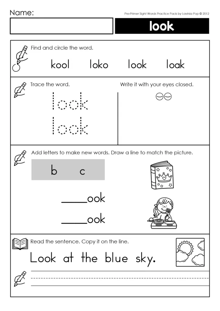 Sight word worksheet with “look” exercises and pictures