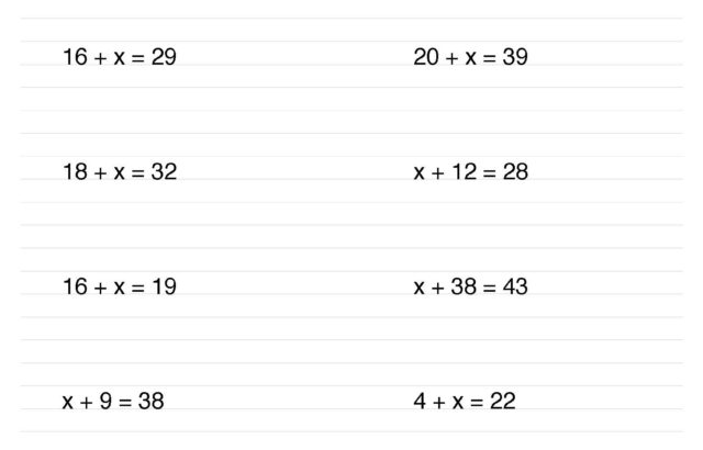 Math worksheet with solve for x equations and blank lines