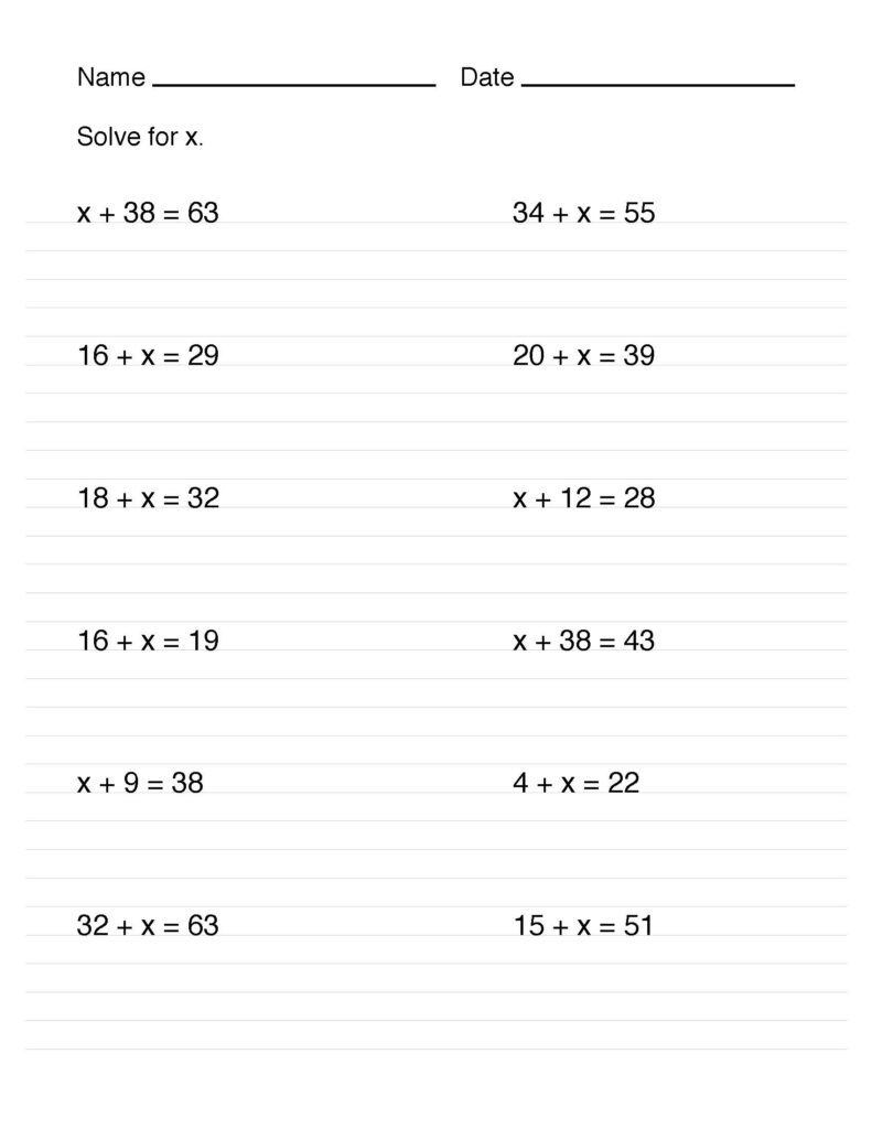 Math worksheet with solve for x equations and blank lines