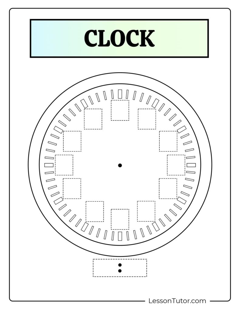 Printable clock worksheet with blank numbered boxes