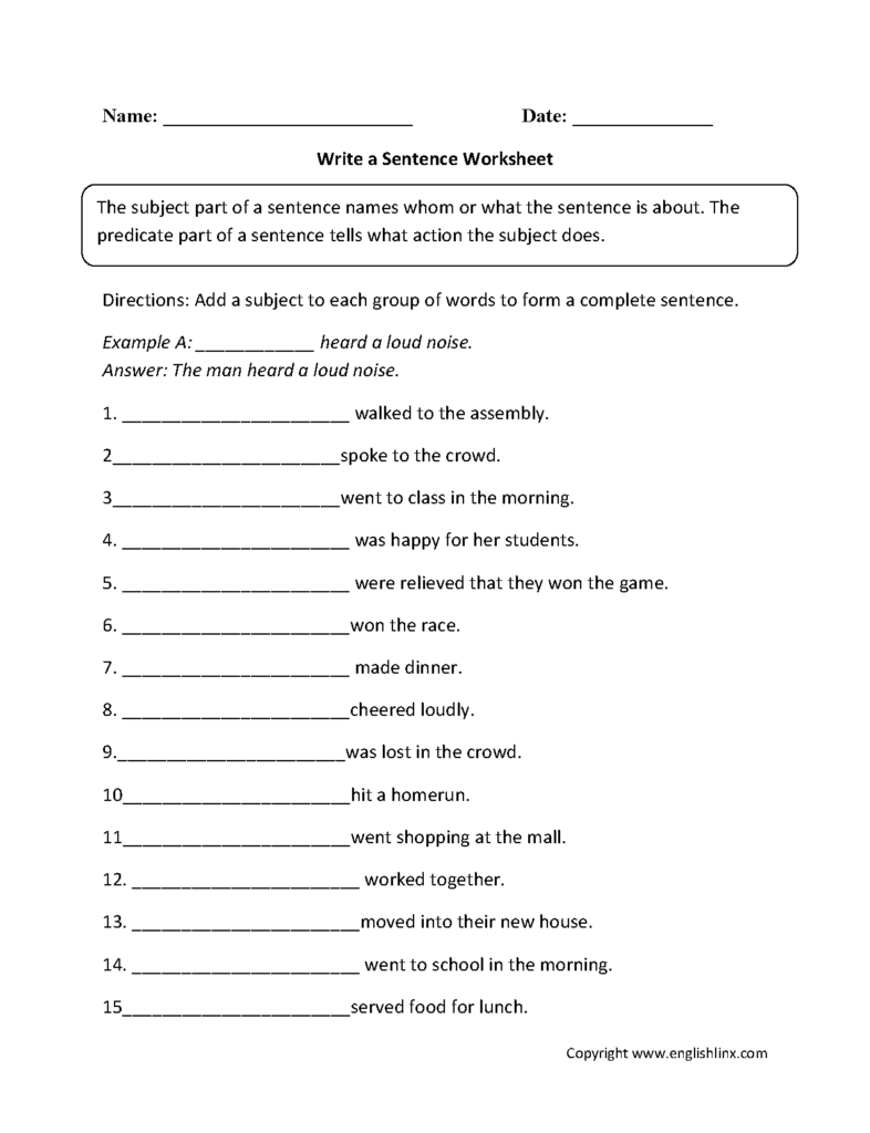 English sentence worksheet with fill-in-the-blank exercises