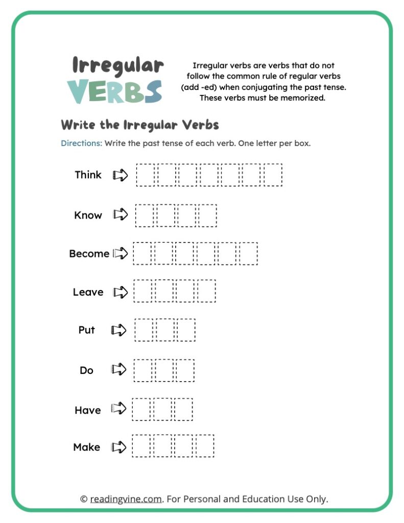 Irregular verbs worksheet with blank letter boxes