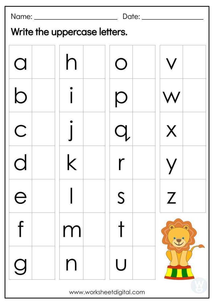 Alphabet handwriting worksheet with lowercase letters and lion graphic