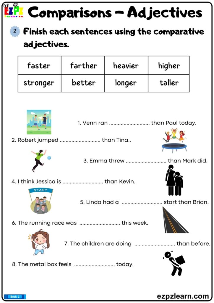 Comparative adjectives worksheet with fill-in-the-blank sentences