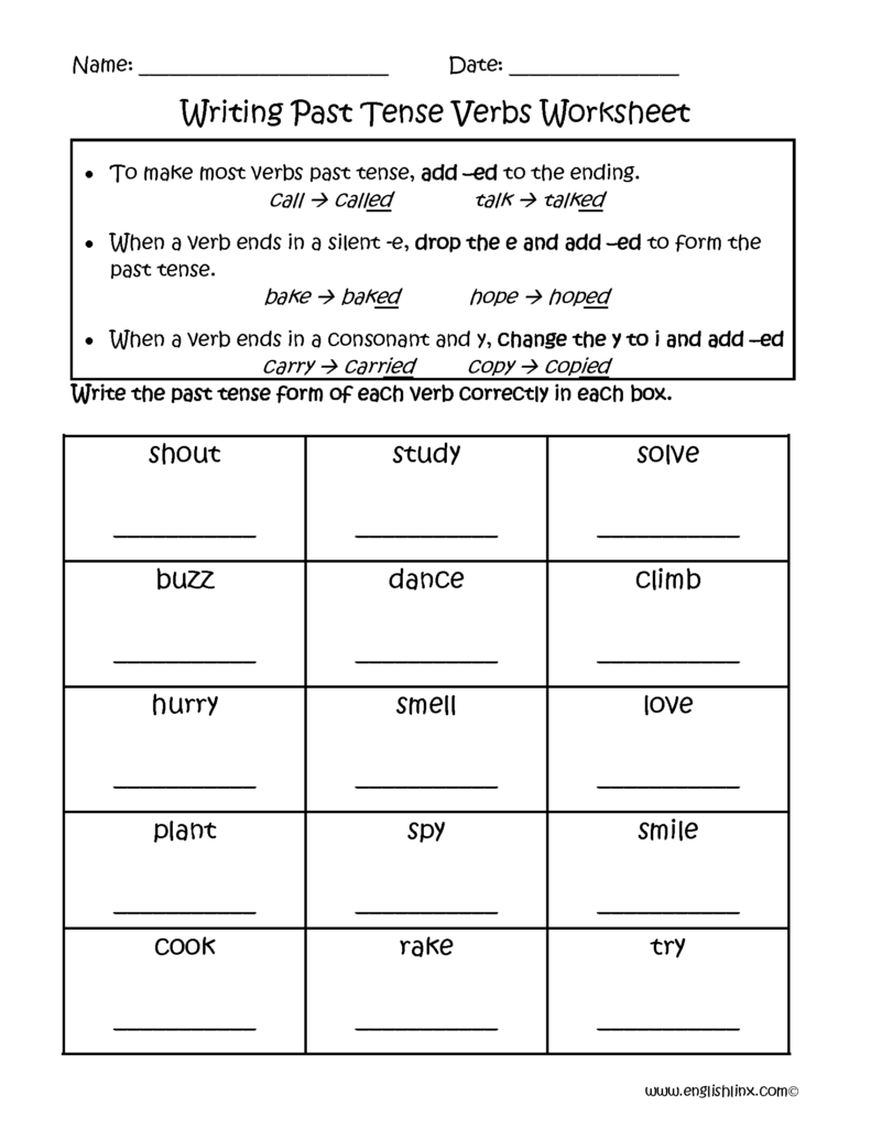 Past tense verbs worksheet with fill-in boxes