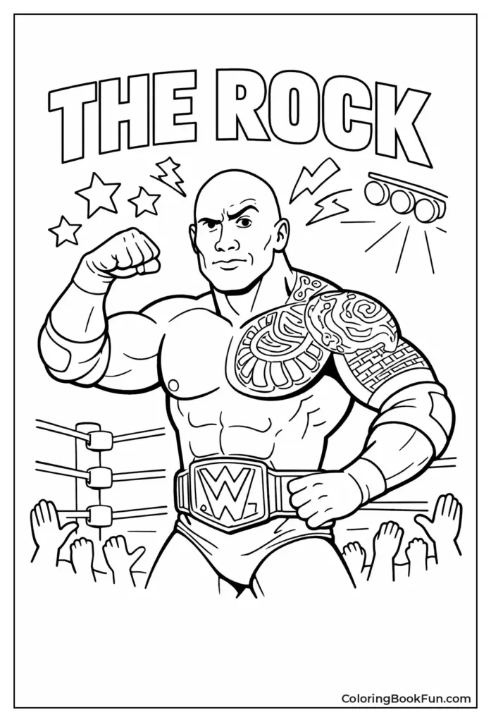 Black-and-white wrestling coloring page of The Rock
