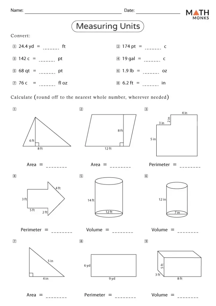 Math units worksheet with conversions and shape problems