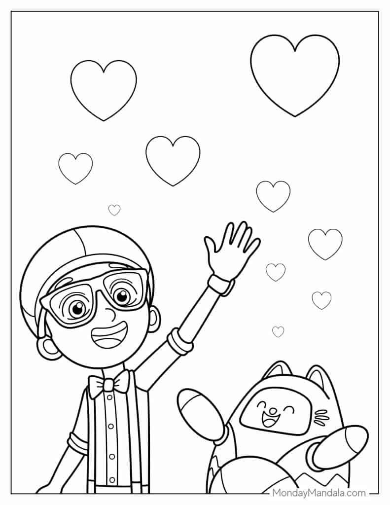 Child and cat character waving under hearts