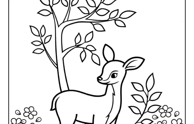 Deer beside tree with flowers, Hello May title